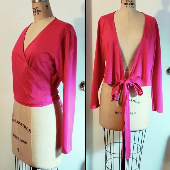 Vintage KENZO Paris Hot Pink Cotton Long-sleeved Wrap Top Small Medium EUC 1990s - Picture 5 of 7